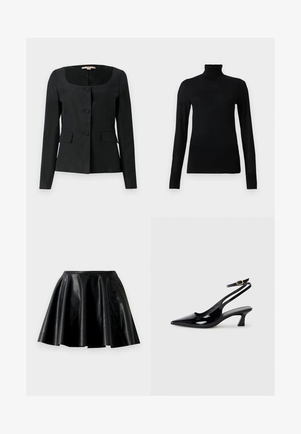Sort skræddersyet jakke med rund hals, lange ærmer, tre frontknapper og to klaplommer. Glat tekstur, struktureret pasform.; Sort turtleneck sweater lavet af blødt, letvægtsmateriale. Har lange ærmer og en tætsiddende stil med høj krave.; Sort læder nederdel i flare-stil med en glat tekstur, bred kant og en tætsiddende talje. Overfladen har en subtil glans og ingen synlige dekorationer.; Sorte patenterede læderslingbacks med spidse tæer, lav blokhælt og justerbar ankelrem med guldspænde.