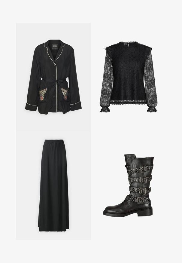 Robe en satin noir avec col en revers, taille cintrée, fermeture à boutons et poches brodées ornées de motifs colorés et d'accents métalliques.; Top en dentelle noire avec de longues manches transparentes, motifs floraux, encolure festonnée et poignets froncés. Le corps est doublé pour opacité.; Jupe maxi noire en tissu doux et extensible avec une taille élastique, présentant une silhouette fluide en A.; Botte en cuir noir jusqu'au genou avec plusieurs boucles en argent et œillets, présentant un bout rond et un petit talon en bloc. Fini texturé.