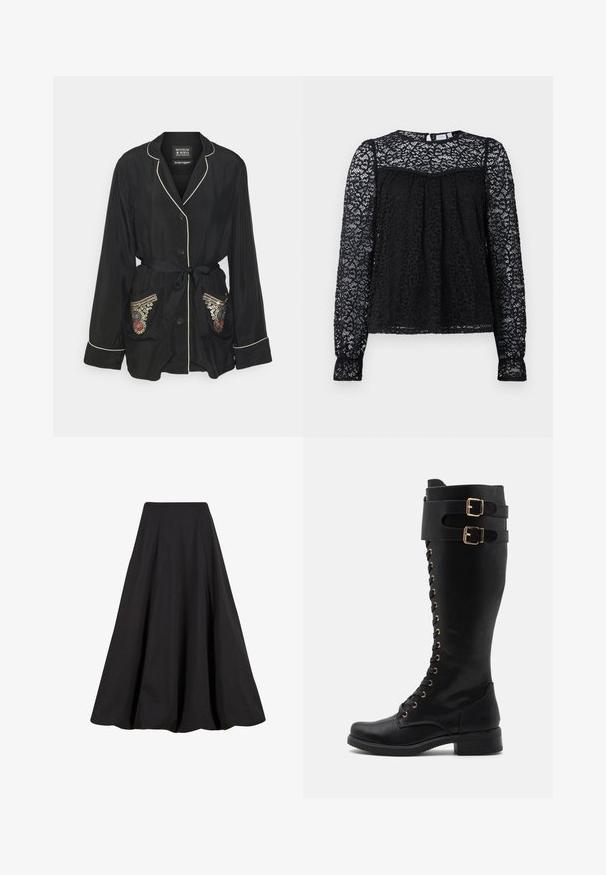 Robe en satin noir avec col en revers, taille cintrée, fermeture à boutons et poches brodées ornées de motifs colorés et d'accents métalliques.; Blouse en dentelle noire avec un motif floral texturé. Comprend des manches longues, un col rond et des détails froncés au niveau de la poitrine.; Jupe longue noire en tissu lisse, présentant des plis et une taille haute. Le design offre une silhouette fluide et un volume ample.; Bottes en cuir noires montantes avec des accents en métal doré, présentant un laçage à l'avant, deux courroies à boucle et un talon carré.