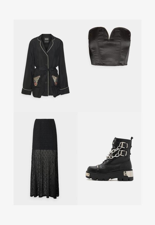 Robe en satin noir avec col en revers, taille cintrée, fermeture à boutons et poches brodées ornées de motifs colorés et d'accents métalliques.; Vero Moda VMSALLY CROPPED SIMILI CORSAGE - Débardeur - black; Jupe longue en dentelle noire avec une partie supérieure opaque et une partie inférieure transparente, présentant un motif floral en dentelle et une silhouette droite.; Koi Footwear SHACKLED SHADOWS HEAVY DUTY CHAIN - Bottines de cowboy / motard - black