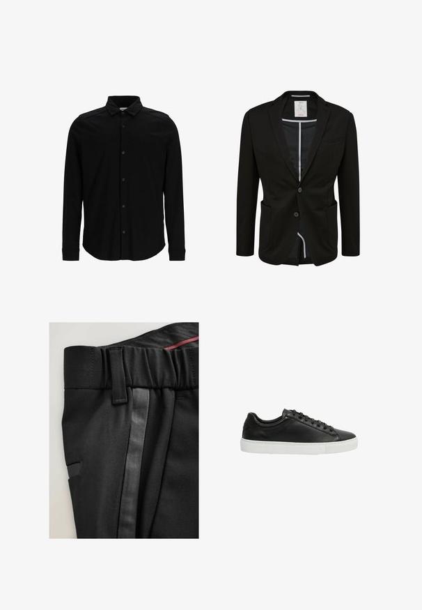 Čierny blazer so slim fit strihom, dvomi prednými vreckami, jedným gombíkom na zapínanie a bielymi akcentmi vo vnútri goliera a podšívky.; Čierna košeľa s dlhým rukávom z hladkej tkaniny, s predným zapínaním na gombíky, golierom a jemne vyšitým logom na hrudi.; Čierne nohavice s textúrovanou tkaninou, elastickým pásom a elegantným, lesklým bočným pruhom. Obsahujú bočné vrecká a pútka na opasok.; Čierne kožené tenisky s hladkým povrchom, zaoblenou špičkou a bielou gumovou podrážkou. Preniká dizajn so šnúrkami a minimalistické akcenty.
