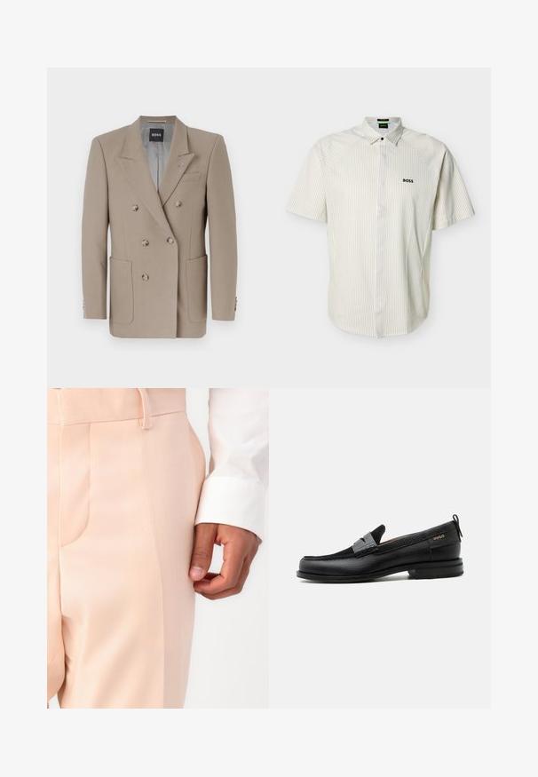 Blazer beige à double boutonnage avec deux grandes poches avant, revers aigus et boutons argentés. Présente une texture unie et une coupe ajustée.; Chemise à manches courtes avec col, rayures beiges, fermeture par boutons et logo "BOSS" brodé sur la poitrine gauche.; Pantalon sur mesure rose pâle avec une texture lisse, doté d'une poche latérale et d'une boucle de ceinture, associé à un poignet de chemise blanche.; Mocassin en cuir noir avec détail de bride grise, talon bas et semelle texturée, marqué "HUGO" en or sur le côté.