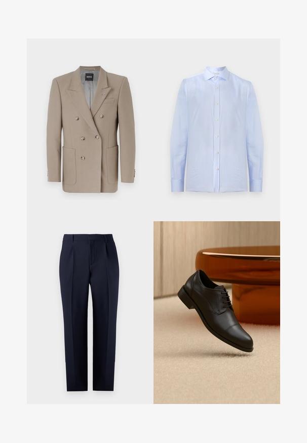 Blazer beige de doble botonadura con dos grandes bolsillos frontales, solapas afiladas y botones en tono plateado. Presenta una textura sólida y un corte entallado.; Camisa de vestir azul claro de manga larga para hombre con rayas verticales blancas, abotonada al frente, cuello clásico y puños con botones.; Pantalones sastre azul marino hechos de tejido texturizado, con corte recto, pliegues delanteros y una cinturilla clásica con trabillas para cinturón.; Zapato oxford formal de cuero negro con cordones, apareciendo flotando sobre una alfombra beige, con una mesa redonda marrón al fondo.