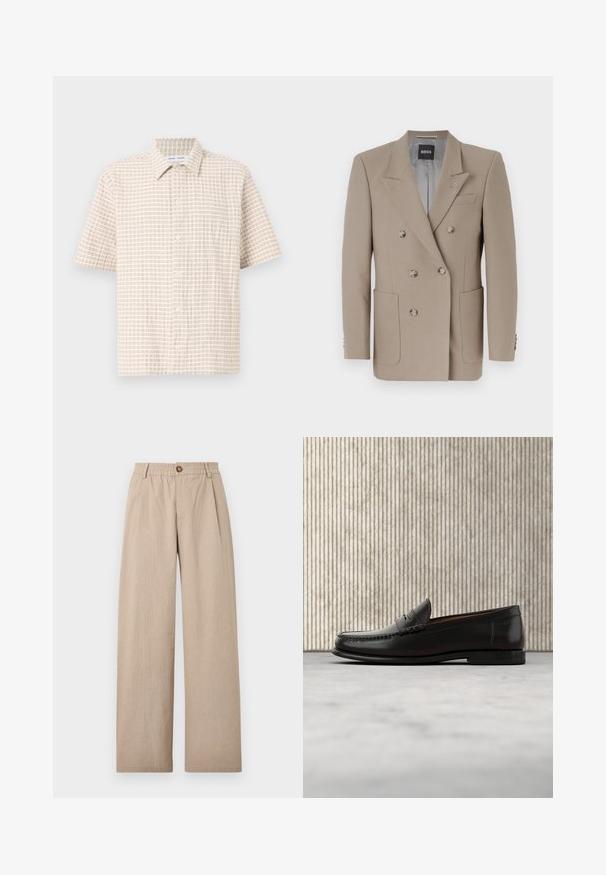 Blazer beige à double boutonnage avec deux grandes poches avant, revers aigus et boutons argentés. Présente une texture unie et une coupe ajustée.; Chemise à manches courtes de couleur beige clair, ornée d'un motif en grille de couleur marron doux, avec des boutons à l'avant et un col classique. Texture du tissu lisse.; Pantalons beige à large jambe avec une finition texturée, dotés de plis et d'une taille élastique, fixés par un bouton en bronze à l'avant.; Mocassin penny en cuir noir avec talon bas, bout arrondi et détails cousus à l'avant et sur les côtés, présenté sur un fond neutre.