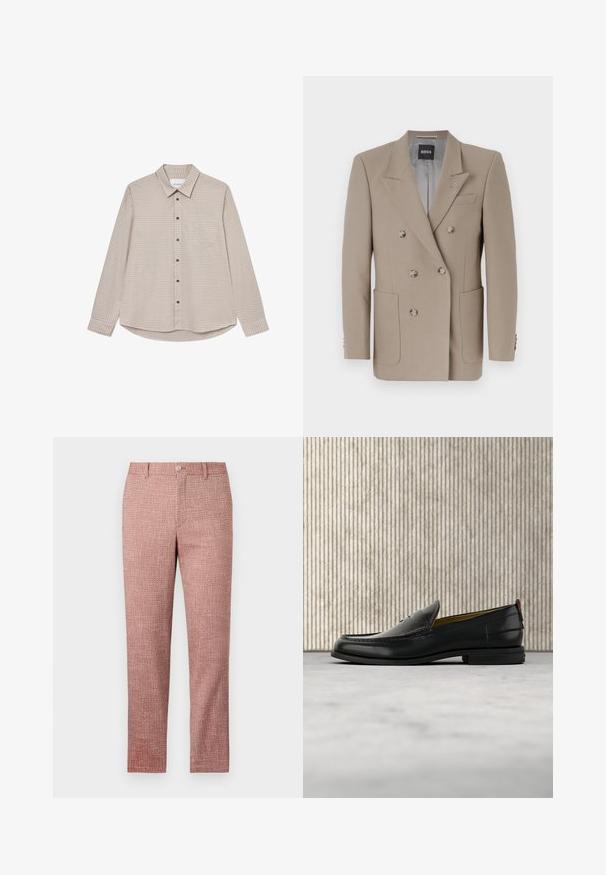 Beige doppelt geknöpfte Blazer mit zwei großen Vordertaschen, scharfen Revers und silberfarbenen Knöpfen. Besitzt eine feste Textur und eine taillierte Passform.; Braun- und beige kariertes Langarmhemd mit Button-Down-Kragen, Brusttasche und braunen Knöpfen, mit abgerundetem Saum.; Rote strukturierte Hose mit geradem Bein, Fronttaschen und Knopfverschluss. Der Stoff hat ein gewebtes Muster für zusätzliche Details.; Schwarzer Herren-Slipper aus Leder mit einer krokogeprägten Vorderkappe und einem niedrigen Absatz, im Profil vor neutralem Hintergrund gezeigt.