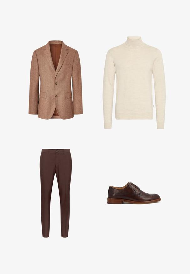 Bruine herringbone blazer van textuurstof, met een sluiting met twee knopen, notch revers en twee voorzakken met een enkele borstzak.; Beige coltrui gemaakt van zachte gebreide stof. Heeft lange mouwen en een slim-fit ontwerp, met ribbelboord aan de hals en mouwen.; Bruine op maat gemaakte broek met een vlakke voorkant, riemlussen en een enkele knoopsluiting. Gemaakt van een gladde stof met een rechte pijpdesign.; Donkerbruine leren herenschoen met brogue perforaties, vetersluiting en een lage houten hak op een witte achtergrond.