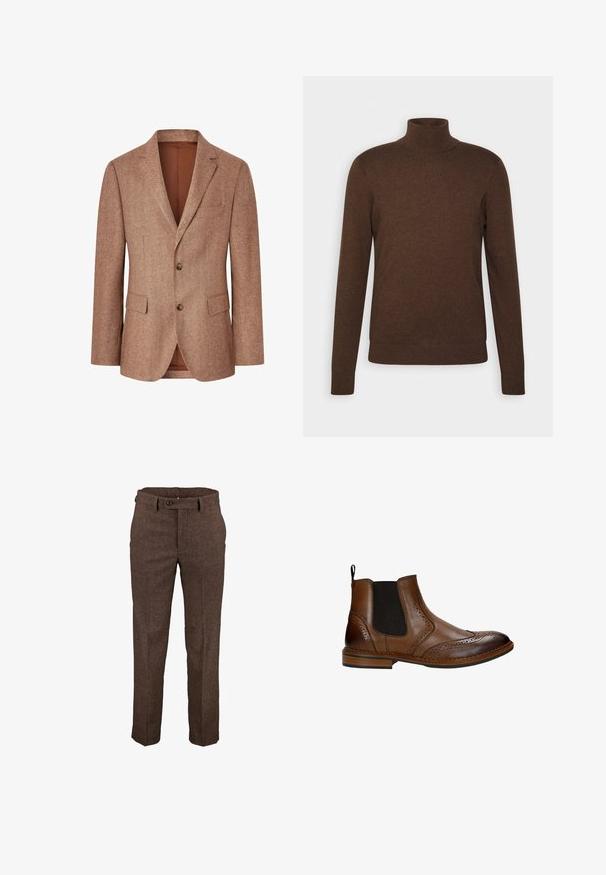 Bruine herringbone blazer van textuurstof, met een sluiting met twee knopen, notch revers en twee voorzakken met een enkele borstzak.; Bruine coltrui van zacht materiaal, met lange mouwen, een aansluitend ontwerp en geribbelde accenten bij de kraag en zoom.; Bruine wollen mix op maat gemaakte broek met riemlussen, voorste knoop en zijkanten zakken, getoond tegen een witte achtergrond.; Bruine leren Chelsea-laars met brogue-details, elastische zijpanelen, aantreklipje en lage gestapelde houten hak, weergegeven in profielzicht.