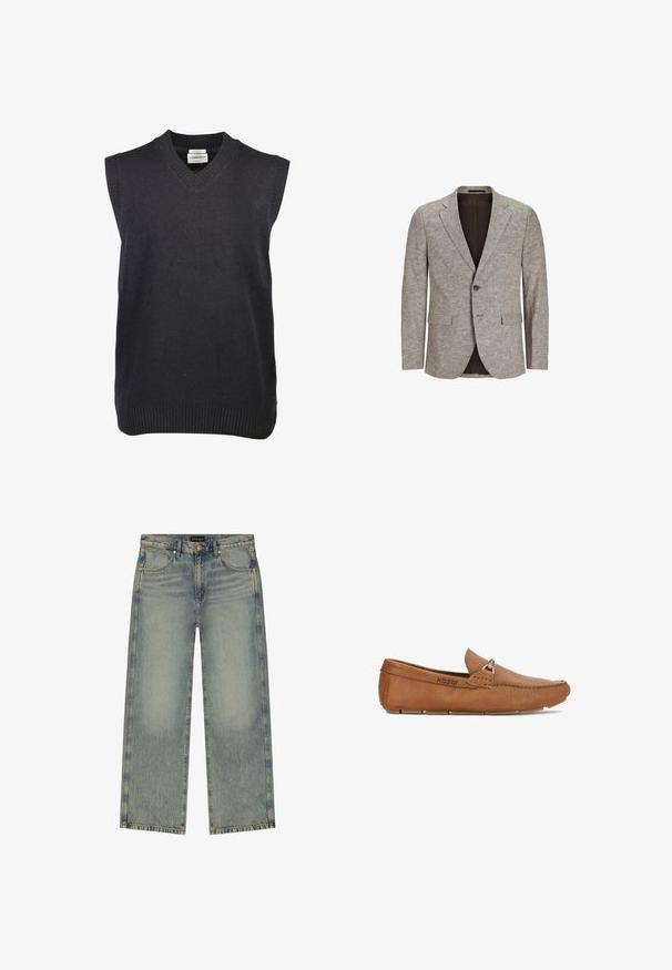 Lysebrunt tekstureret blazer med en enkelt knaplukning, notch-klapper og to foran lommer. Foring i mørkebrun.; Lindbergh V-NECK SLIPOVER - Striktrøje - black; Herre Wrangler blå jeans med lige ben, falmet detaljer, kobbernitter og fem-lommer-stil på hvid baggrund.; Brune læder loafers med rundet snude, dekorativ metalaccent og gummisål. Overdelen har syningsdetaljer og tekstureret finish.