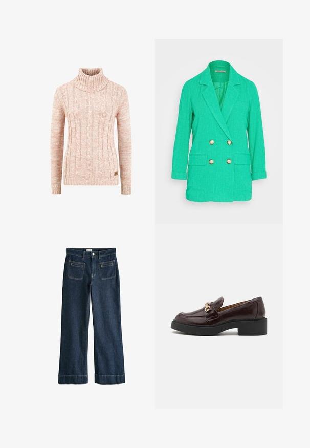 Anna Field Blazer - green; Gestrickter Rollkragenpullover in sanftem Pfirsch mit strukturiertem Zopfmuster, langen Ärmeln und einem eingewebten Markenetikett am Saum.; Dunkelblaue Jeans mit weitem Bein, vorderen Pattentaschen, Gürtelschlaufen, Knopfverschluss und umgeschlagenen Säumen.; Braune Lederloafers mit einer goldenen Akzent-Schnalle, schwarzem Blockabsatz und einer glatten Oberfläche. Die Seitenansicht zeigt die abgerundete Zehenform und die genähten Details.