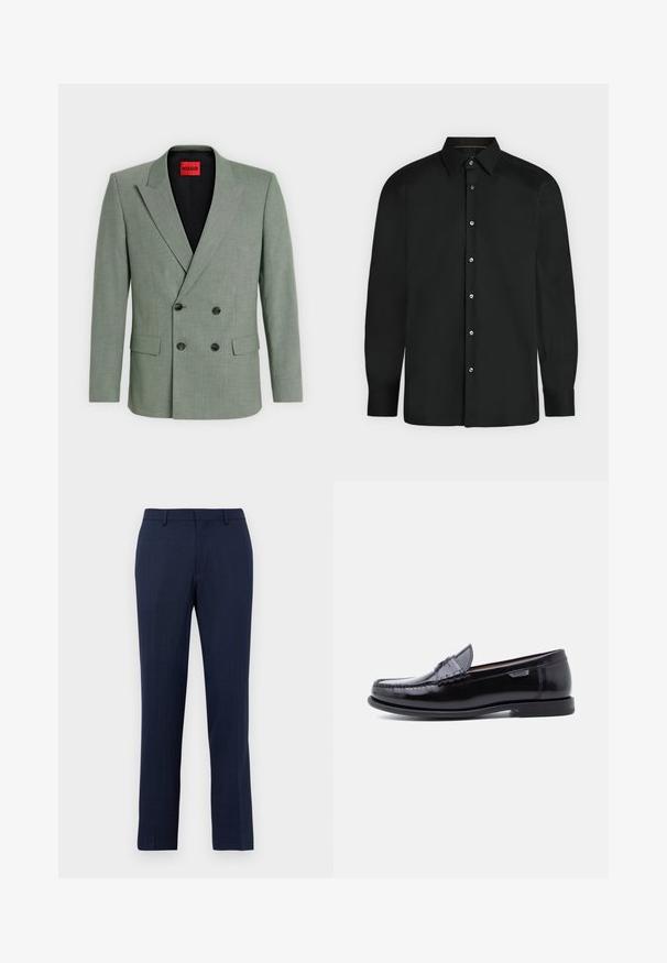 Lys grøn dobbeltradet blazer med spidse revers, fire sorte knapper, to forlommer med klap, og en rød inderetiket med teksten "HUGO."; Sort skjorte med lange ærmer, knapper foran, spids krave og knapmanchetter, vist mod en ensformet lys baggrund.; Mørkeblå skræddersyede bukser med bæltesløjfer, lynlås foran og lige benpasform mod en ensfarvet hvid baggrund.; Sorte læderloafer med en blank finish, der har et syet mønster på tåen og en lav, tekstureret sort gummisål.