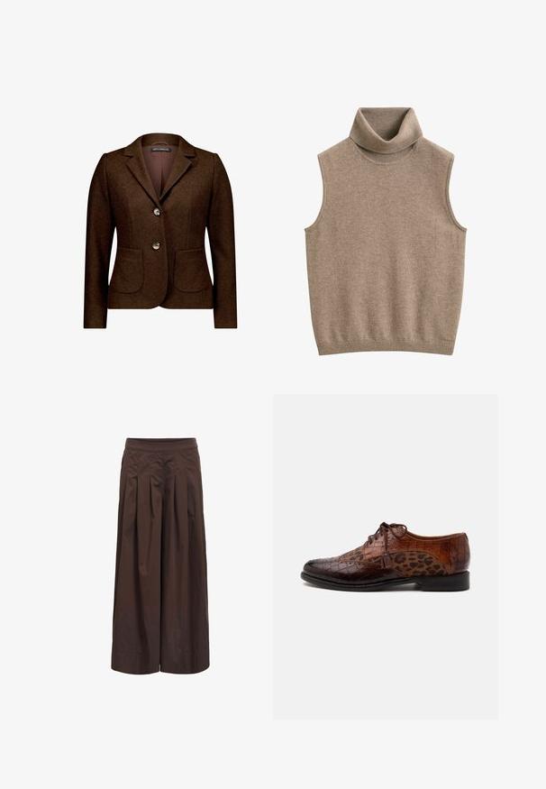 Blazer marron pour femme sur mesure avec deux boutons devant et poches plaquées à l'avant, avec un col cranté et des manches longues.; Gilet sans manches beige en maille avec col roulé et bord-côtes au niveau du col et de l'ourlet, en tissu doux.; Pantalon marron à jambes larges avec plis devant et taille ajustée, fabriqué en tissu léger, présenté sur fond blanc.; Chaussure habillée en cuir marron avec texture crocodile et panneaux en tissu imprimé léopard, fermeture à lacets et détail pompon sur le côté.