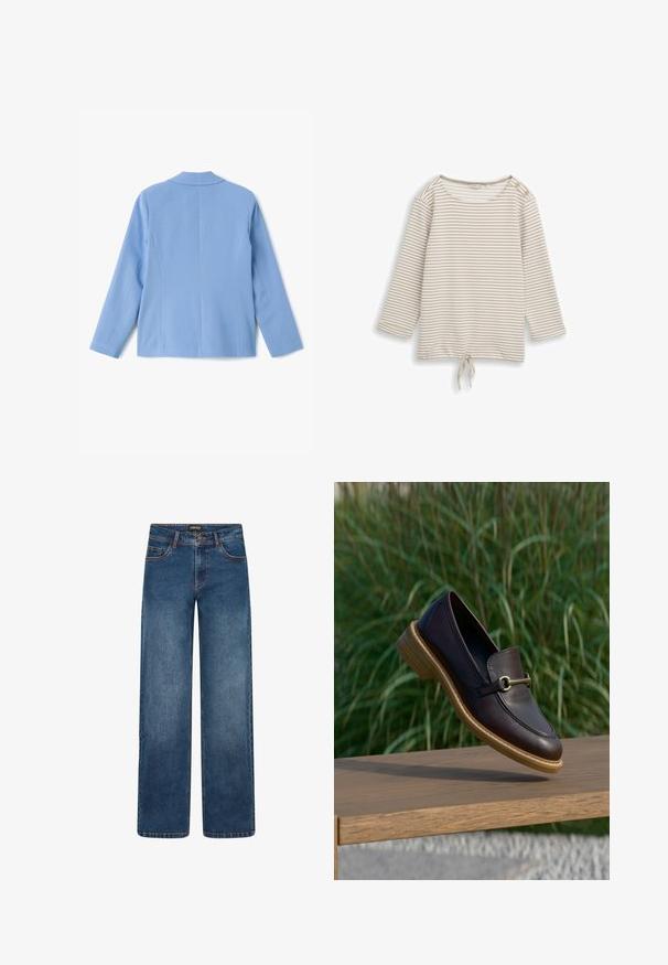 Blazer azul claro con un diseño estructurado, que presenta un cuello con muesca y mangas largas. Tela suave con líneas limpias y un sutil detalle de costura.; Camiseta de manga larga con rayas horizontales en beige y blanco, cuello redondo, botones en el hombro y cordón ajustable en el dobladillo.; Vaqueros de pierna ancha en lavado azul medio. Cuentan con cinco bolsillos, cierre de botón y cremallera, y costuras doblemente reforzadas. Tejido duradero.; Mocasín de cuero marrón oscuro con suela de madera y detalle metálico dorado, suspendido sobre un banco de madera con fondo de césped verde.