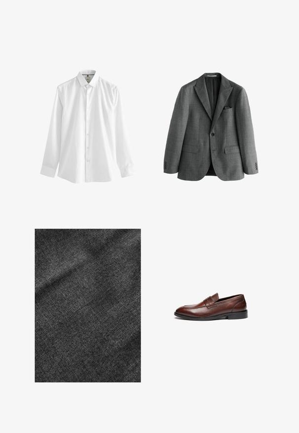 Blazer gris à simple boutonnage avec revers crantés, deux poches avant à rabat, poche poitrine avec pochette noire, et manches à poignets boutonnés.; Chemise blanche à manches longues en coton, dotée d'un col classique, de boutons sur le devant et d'une finition droite avec des poignets.; Tissu noir texturé avec une surface douce et légèrement brillante, présentant un motif de tissage subtil et une drapé fluide.; Mocassins en cuir marron avec une finition lisse, bout arrondi, sangle décorative et semelle en caoutchouc noire. Présente un détail de coutures minimal.