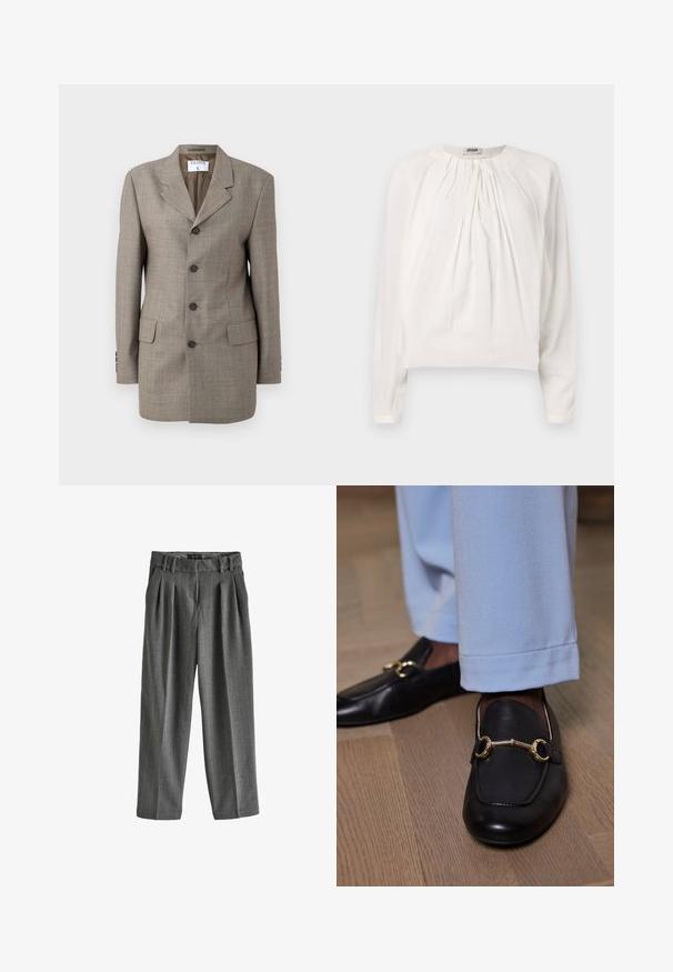Brun ternet blazer med en enkeltknap design, revner lapels, fem knapper og to forlommer. Glat tekstur med skræddersyet pasform.; Hvid langærmet bluse med rund halsudskæring og plisseret front. Blødt, glat stof med afslappet pasform og knapdetalje ved kraven.; Grå vidde bukser lavet af et tekstureret stof med diskrete nålestriber. Har en plisseret front og en talje med bæltestropper.; Sorte læder loafers med guld metalbit detalje båret med lyseblå bukser på trægulv.