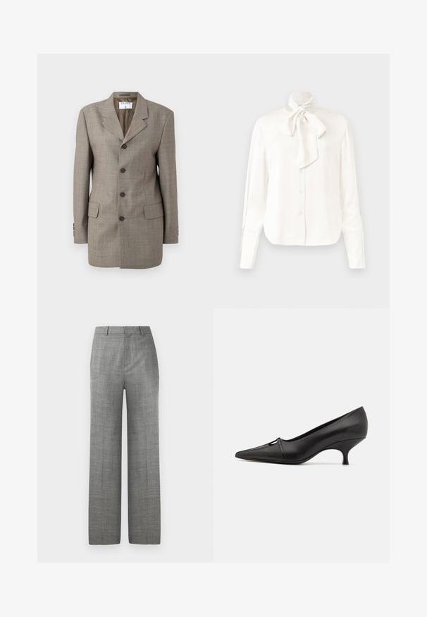 Brauner kariierter Blazer mit einreihigem Design, Reverskragen, fünf Knöpfen und zwei Fronttaschen. Glatte Textur mit taillierter Passform.; Weißes Langarmbluse aus leichtem Stoff mit hohem Kragen und großem Schleifendetail am Hals, mit einer Knopfleiste vorne.; Graue maßgeschneiderte weite Hosen mit Gürtelschlaufen und Vorderfalte auf einem weißen Hintergrund, geeignet für formelle Anlässe oder Büroarbeit.; GIABORGHINI DANA - Pumps - black