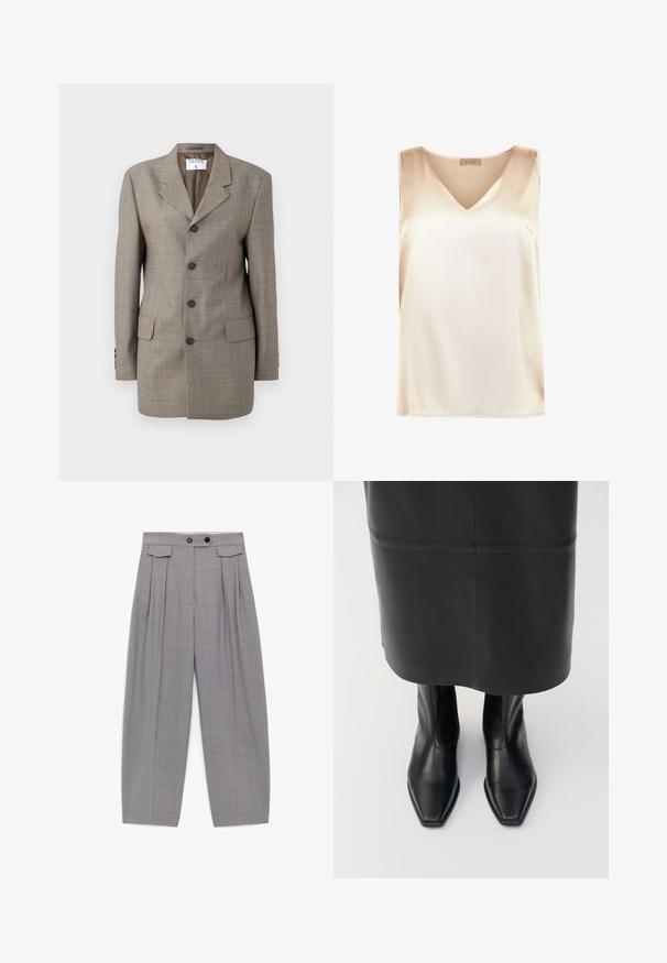 Brun ternet blazer med en enkeltknap design, revner lapels, fem knapper og to forlommer. Glat tekstur med skræddersyet pasform.; Beige ærmeløs top lavet af glat stof med v-hals design og lige kant. Minimalistisk stil uden yderligere mønstre eller accenter.; Grå bukser med høj talje og løs pasform, med folder, to sorte knapper på taljebåndet og klapsdetaljer nær hofterne.; Sorte læder støvler med høj ankel, firkantet tådesign og sideskilt. Glat tekstur og minimal hardware; sammen med en sort lædernederdel.