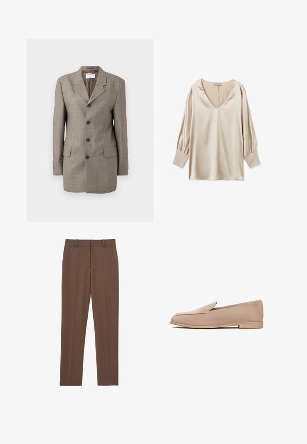 Brun ternet blazer med en enkeltknap design, revner lapels, fem knapper og to forlommer. Glat tekstur med skræddersyet pasform.; Beige satinbluse med dyb V-udskæring, lange puffærmer og tætsiddende manchetter. Glat tekstur og minimalistisk design.; Brune skræddersyede bukser med lige ben, bæltestropper og en pressefolder ned langs midten af hvert ben, vist fladt på en hvid baggrund.; Beige ruskind loafers med flad sål, en diskret spids tå og minimal syning langs kanterne. Glat tekstur hele vejen rundt.
