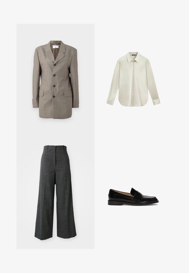 Brun ternet blazer med en enkeltknap design, revner lapels, fem knapper og to forlommer. Glat tekstur med skræddersyet pasform.; Langærmet cremefarvet skjorte med knapper, spidse kraver og afrundet kant, vist på hvid baggrund.; Gråternet vidde bukser med høj talje, der har forkantfoldninger, vertikal struktur og uden synligt hardware eller detaljer.; Sorte læder loafers med glat finish, afrundet tå og en dekorativ rem over fronten. Lav blokhælsdesign.