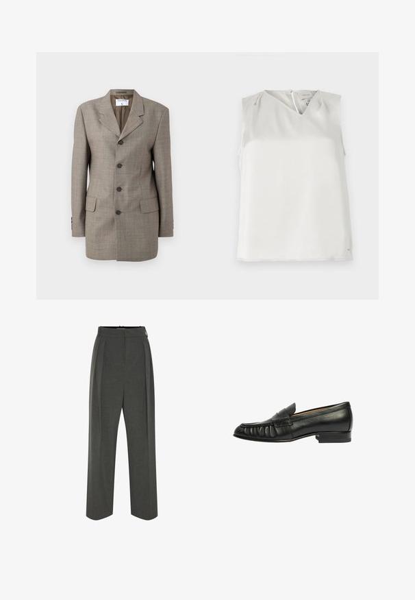 Brun ternet blazer med en enkeltknap design, revner lapels, fem knapper og to forlommer. Glat tekstur med skræddersyet pasform.; Ærmeløs hvid bluse med V-udskæring, diskrete folder ved skuldrene og lynlåslukning bagpå, vist på ensfarvet baggrund.; Grå viddebukser i tekstureret stof med højtaljet pasform og forreste læg. Designet har en glat linning uden synlige lukninger.; Scarosso Loafers - black calf