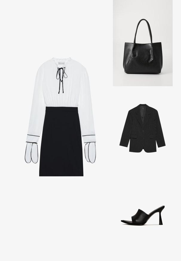 Zwarte pinstripe blazer met een notch-lapel, enkele knoopsluiting, twee voorzakken en een licht oversized pasvorm. Glad, op maat gemaakt stof.; Witte blouse met een geplooide halslijn en trekkoord; zwarte fitted rok met contrasterende witte bies op de mouwen. Glad stoftextuur.; Zwarte hoge hak slides met een glad leren buitenkant, open teen en een gebogen ontwerp. Kenmerkt zich door een slanke stilettohak en minimalistische stijl.; Zwarte geweven lederen totebag met twee handvaten, gestructureerde vorm en subtiele glanzende afwerking, tegen een eenvoudige lichte achtergrond.
