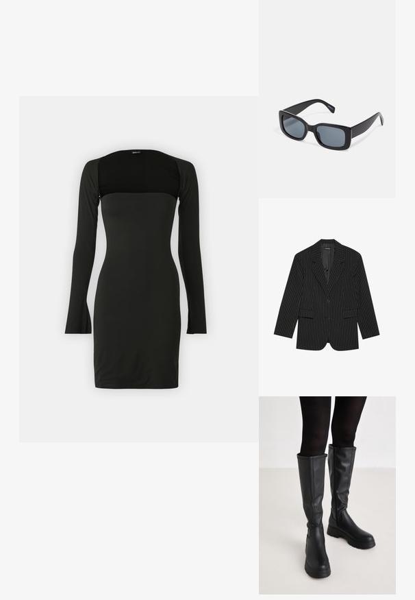 Sort blazer med nålestriber, med slået revers, enkelt knaplukning, to frontlommer og en let oversized pasform. Glat, skræddersyet stof.; Sort langærmet kjole i en tætsiddende design med firkantet udskæring. Blødt, strækbart stof med en glat overflade. Minimalistisk stil, uden mønstre.; Even&Odd Plateaustøvler - black; Sorte rektangulære solbriller med mørkt tonede linser, tyk plastramme og brede stænger. Glat overflade og kantet design.