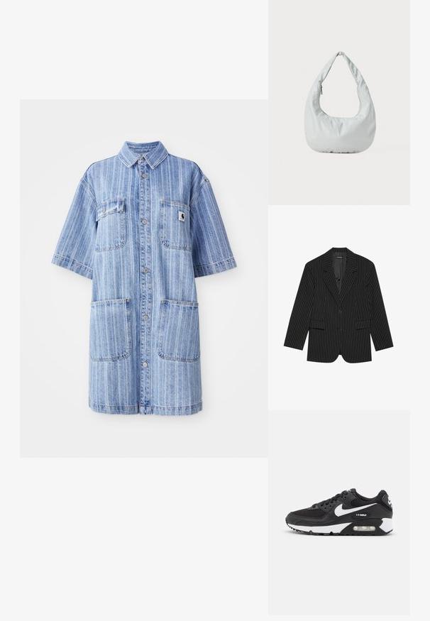 Blazer negro a rayas con solapa de muesca, cierre de un solo botón, dos bolsillos frontales y un ajuste ligeramente oversize. Tejido suave y ajustado.; Vestido de camisa de denim en azul claro con rayas verticales, mangas cortas, dos bolsillos en el pecho y un pequeño parche con el logo. Cierre de botones en la parte delantera.; Zapatillas Nike Air Max con parte superior de malla y cuero negro, detalles en blanco, amortiguación de aire visible y suela de goma texturizada.; Bolso hobo suave y de color gris claro, hecho de material sintético. Cuenta con un asa acolchada y un compartimento con cremallera en el lateral.