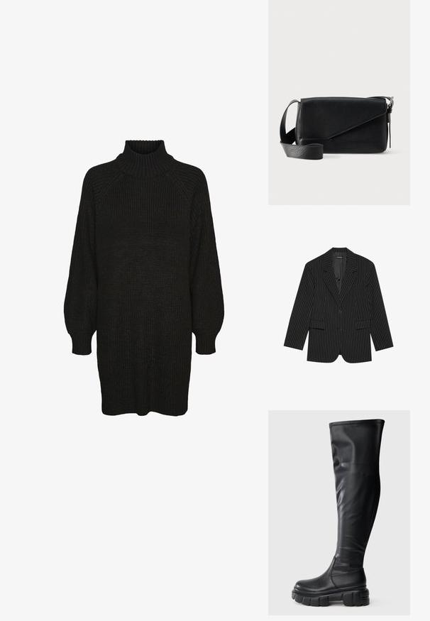 Schwarze Steppjacke mit Reverskragen, Ein-Knopf-Verschluss, zwei vorderen Taschen und einem leicht übergroßen Schnitt. Glattes, maßgeschneidertes Material.; Schwarzes Strickkleid mit hochgeripptem Kragen, Raglanärmeln und strukturiertem Stoff. Lockere Passform mit umgeschlagenen Ärmeln und geradem Saum.; Schwarze kniehohe Stiefel aus glattem Kunstleder. Dicke, klobige Gummiplattformsohle mit abgerundeter Zehe und zum Hineinschlüpfen.; Schwarze Leder-Umhängetasche mit einem breiten, verstellbaren Riemen und einer diagonalen Klappe mit kleinem Metallverschluss-Detail.