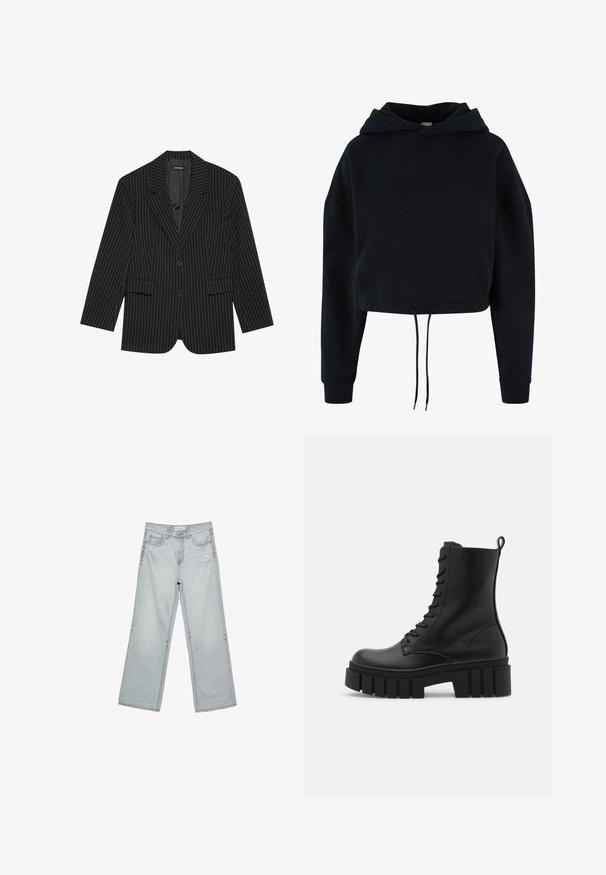 Sort blazer med nålestriber, med slået revers, enkelt knaplukning, to frontlommer og en let oversized pasform. Glat, skræddersyet stof.; Sort cropped hoodie lavet af blødt bomuldsstof. Har en snor i kanten og en stor hætte, med lange ærmer og ribstrikkanter.; Lys grå brede jeans med løs pasform, der har frynsede kantdetaljer og let slid på forsiden. Fremstillet af denimstof.; Sort læderankelstøvle med kraftig, rillede sål, snørebånd foran og løftestrop på glat hvid baggrund.