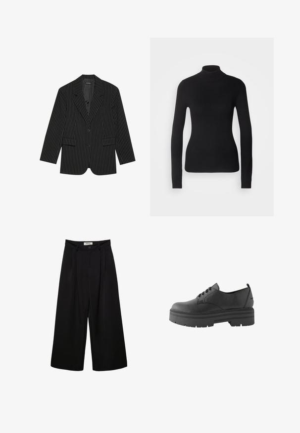 Blazer noir à rayures avec un col cranté, fermeture à un bouton, deux poches avant et une coupe légèrement oversize. Tissu lisse et ajusté.; Pull à col roulé noir en maille légère. Il possède des manches longues, une coupe ajustée et une texture côtelée douce.; Pantalon noir à jambes larges avec taille haute, présentant des plis à l'avant, deux poches latérales et une fermeture par bouton. Texture de tissu lisse.; Next WIDE FIT FOREVER COMFORT CHUNKY - Derbies - mottled black
