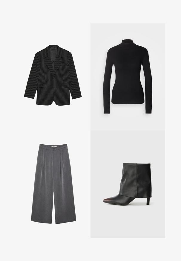 Blazer noir à rayures avec un col cranté, fermeture à un bouton, deux poches avant et une coupe légèrement oversize. Tissu lisse et ajusté.; Pull à col roulé noir en maille légère. Il possède des manches longues, une coupe ajustée et une texture côtelée douce.; Pantalon gris à jambes larges avec plis, confectionné dans un tissu doux. Dispose d'une fermeture à boutons et d'une taille cintrée.; Bottine noire en cuir lisse avec un bout pointu et un talon effilé. La tige présente un design légèrement froncé.