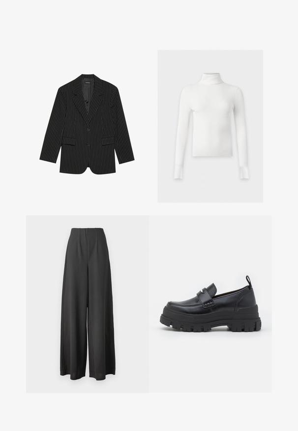 Sort blazer med nålestriber, med slået revers, enkelt knaplukning, to frontlommer og en let oversized pasform. Glat, skræddersyet stof.; Hvid ribstrikket langærmet rullekrave sweater med tætsiddende pasform og lige kant, vist mod en ensfarvet lys baggrund.; Sorte vide bukser lavet af et glat stof, med høj talje og plisseret design for ekstra struktur og dybde.; Sort læderloafer med tyk rillede sål, mok tå syning, remdetalje over toppen og trækstrop på hælen, vist i sideprofil.