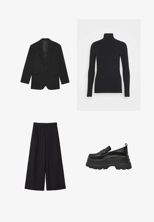 Blazer noir à rayures avec un col cranté, fermeture à un bouton, deux poches avant et une coupe légèrement oversize. Tissu lisse et ajusté.; Pull noir à col roulé côtelé, doté de longues manches et d'une silhouette près du corps. La texture est lisse avec un motif de côtes horizontal.; Pantalon court noir à jambes larges, taille haute, passants de ceinture et plis devant.; Mocassins noirs avec une semelle plateforme épaisse, en cuir lisse. Présentent un bout arrondi, une seule sangle et une languette.