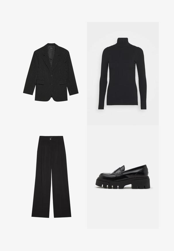 Zwarte pinstripe blazer met een notch-lapel, enkele knoopsluiting, twee voorzakken en een licht oversized pasvorm. Glad, op maat gemaakt stof.; Zwarte geribde coltrui met lange mouwen en een aansluitende pasvorm. De textuur is glad met een horizontaal ribpatroon.; Zwarte wijde broekspijpen van zachte stof, met een hoge taille, voorplooien en een enkele knoopsluiting. Glad oppervlak en een op maat gemaakte pasvorm.; Zwarte leren loafers met een chunky, gestructureerde platformzool en een decoratieve strap over de bovenkant. Gladde, glanzende afwerking.