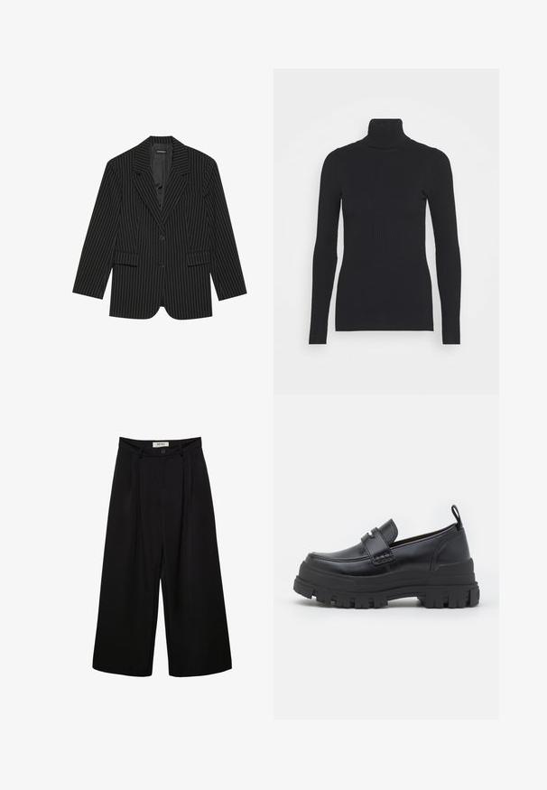 Blazer noir à rayures avec un col cranté, fermeture à un bouton, deux poches avant et une coupe légèrement oversize. Tissu lisse et ajusté.; Pull noir à col roulé côtelé, doté de longues manches et d'une silhouette près du corps. La texture est lisse avec un motif de côtes horizontal.; Pantalon noir à jambes larges avec taille haute, présentant des plis à l'avant, deux poches latérales et une fermeture par bouton. Texture de tissu lisse.; Mocassin en cuir noir avec semelle épaisse rainurée, couture moc toe, détail de sangle sur le dessus et languette au talon, présenté de profil.