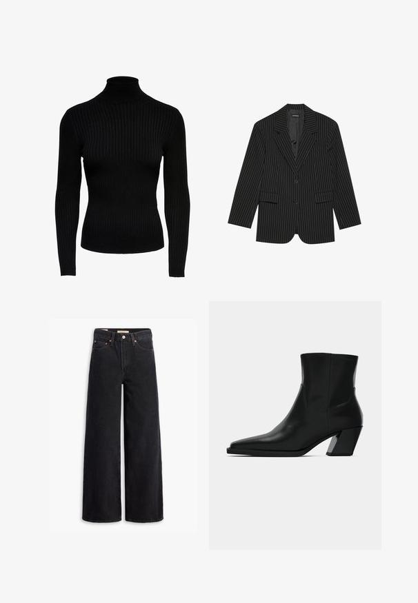 Blazer noir à rayures avec un col cranté, fermeture à un bouton, deux poches avant et une coupe légèrement oversize. Tissu lisse et ajusté.; Pull noir en maille côtelée à col roulé, avec des manches longues, au design ajusté et à la texture lisse. Doté d'un col haut et de manches resserrées.; Jean noir à jambe large en denim, comportant cinq poches, des rivets en laiton et une fermeture à bouton classique. Texture lisse avec un design épuré.; Bottine en cuir noir avec un bout pointu, une silhouette élégante et un talon carré massif. Texture lisse avec des détails de couture minimalistes.