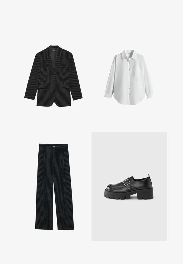 Blazer negro a rayas con solapa de muesca, cierre de un solo botón, dos bolsillos frontales y un ajuste ligeramente oversize. Tejido suave y ajustado.; Camisa blanca de manga larga con botones, cuello y bolsillo en el pecho, mostrada sobre un fondo blanco liso.; Pantalones de pierna ancha a rayas negras, fabricados con una tela texturizada, que cuentan con un cierre frontal de botón y un diseño plisado para mayor interés.; Zapatos de plataforma de cuero negro con punta redonda, un amplio detalle de hebilla en el lateral y suela de goma texturizada.