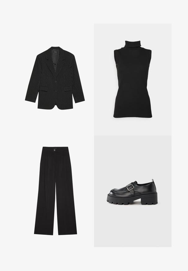 Blazer noir à rayures avec un col cranté, fermeture à un bouton, deux poches avant et une coupe légèrement oversize. Tissu lisse et ajusté.; Top noir sans manches en maille côtelée, avec un col haut et une silhouette ajustée. Texture lisse avec un minimum de détails.; Pantalon noir à jambes larges en tissu doux, avec taille haute, plis avant et une fermeture à bouton unique. Texture lisse et coupe ajustée.; Chaussures compensées en cuir noir avec un bout arrondi, une large boucle décorative sur le côté, et une semelle en caoutchouc texturée.