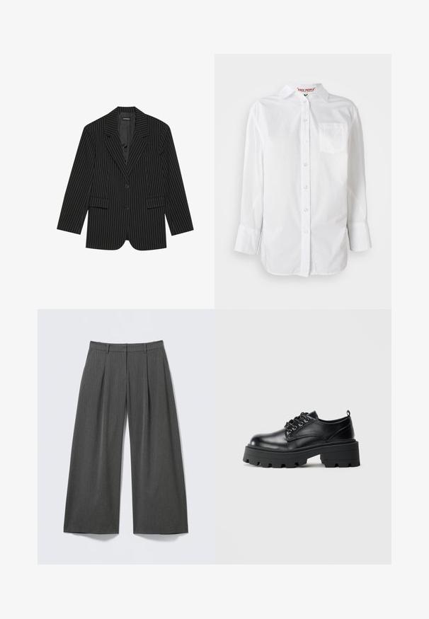 Blazer negro a rayas con solapa de muesca, cierre de un solo botón, dos bolsillos frontales y un ajuste ligeramente oversize. Tejido suave y ajustado.; Camisa blanca de manga larga con botones, con cuello y un bolsillo en el pecho, exhibida sobre un fondo liso.; Pantalones grises de pierna ancha hechos de una tela texturizada con rayas verticales. Presentan pliegues en la parte delantera y una cintura estándar.; Zapatos de cuero negro con puntera redondeada, diseño de cordones y suela de goma gruesa con surcos profundos. Detalles de costura simple a lo largo de los bordes.