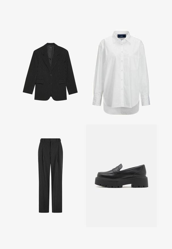 Sort blazer med nålestriber, med slået revers, enkelt knaplukning, to frontlommer og en let oversized pasform. Glat, skræddersyet stof.; Hvid langærmet skjorte i glat bomuld med knapkrave, frontlomme og buet nederkant. Har en rygskulder for ekstra struktur.; Sorte pinstripe bukser med høj talje, plisseret front og lige ben design. Stoffet ser struktureret ud og er skræddersyet til et formelt look.; Sorte læder loafers med en lav, grov gummi sål, syede detaljer på overdelen og en glat overflade.