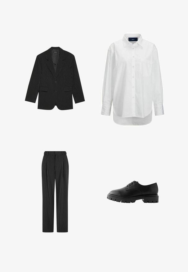 Zwarte pinstripe blazer met een notch-lapel, enkele knoopsluiting, twee voorzakken en een licht oversized pasvorm. Glad, op maat gemaakt stof.; Witte lange mouwen shirt van glad katoen met een button-down kraag, voorzak en ronde zoom. Heeft een achterpand voor extra structuur.; Zwarte gestreepte broek met een hoge taille, geplooide voorkant en een recht, slim-fit ontwerp. De stof lijkt gestructureerd en is op maat gemaakt voor een formele uitstraling.; Zwarte leren schoen met een ronde neus, zes veterogen, platte veters en een stevige rubberen zool met diepe profielpatronen.