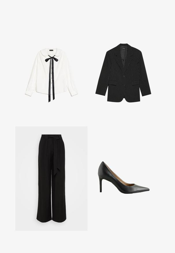 Čierny blazer s jemným prúžkom, s okrajovým golierom, jedným gombíkom, dvoma prednými vreckami a mierne voľným strihom. Hladká, prispôsobená tkanina.; Biela blúzka s dlhým rukávom a golierom Peter Pan, čierna saténová mašľa na krku a predné perlové gombíky.; Čierne nohavice s širokými nohavicami vyrobené z hladkej látky, s vysokým pásom, opaskom na zaväzovanie a záhybmi pre upravený vzhľad.; Čierne kožené lodičky s ostrou špičkou, úzkym ihlovým podpätkom a hladou svetlohnedou vnútornou podšívkou.