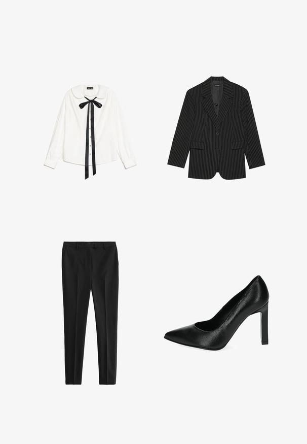 Sort blazer med nålestriber, med slået revers, enkelt knaplukning, to frontlommer og en let oversized pasform. Glat, skræddersyet stof.; Hvid langærmet bluse med Peter Pan krave, sort satin butterfly ved halsen og perleknapper foran.; Sorte bukser lavet af glat stof, med skræddersyet pasform, frontfolder og bæltestropper, samt sidelommer og baglommer.; Sort højhælet pumpe lavet af struktureret syntetisk materiale, med spids tå, udskæringsdesign og en høj blokhæl.