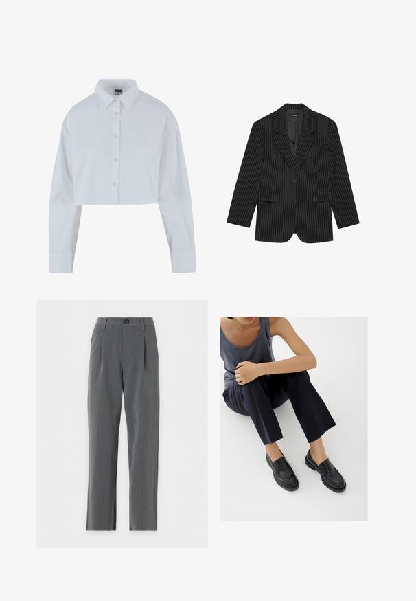 Blazer noir à rayures avec un col cranté, fermeture à un bouton, deux poches avant et une coupe légèrement oversize. Tissu lisse et ajusté.; Chemise blanche courte à col pointu, à manches longues et à texture lisse. Comprend une patte de boutonnage à l'avant avec des boutons assortis.; Pantalon gris coupe droite avec passants de ceinture, fermeture à boutons sur le devant et plis près de la taille sur fond blanc.; Mocassins en cuir noir avec accents texturés, talon bas, bout arrondi, et coutures visibles. Modèle portant un pantalon sombre et un haut gris.