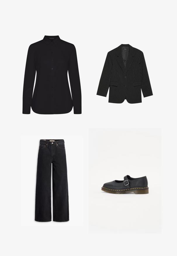 Sort blazer med nålestriber, med slået revers, enkelt knaplukning, to frontlommer og en let oversized pasform. Glat, skræddersyet stof.; Sort langærmet skjorte lavet af glat stof, med krave, front knaplukning og lige kant.; Sorte brede benjeans lavet af denim, med fem lommer, kobbernitter og en klassisk knaplukning. Glat tekstur med et rent design.; Sorte læder Mary Jane sko med en rund tå, justerbar spænde, gul syning og en kraftig brun gummisål.