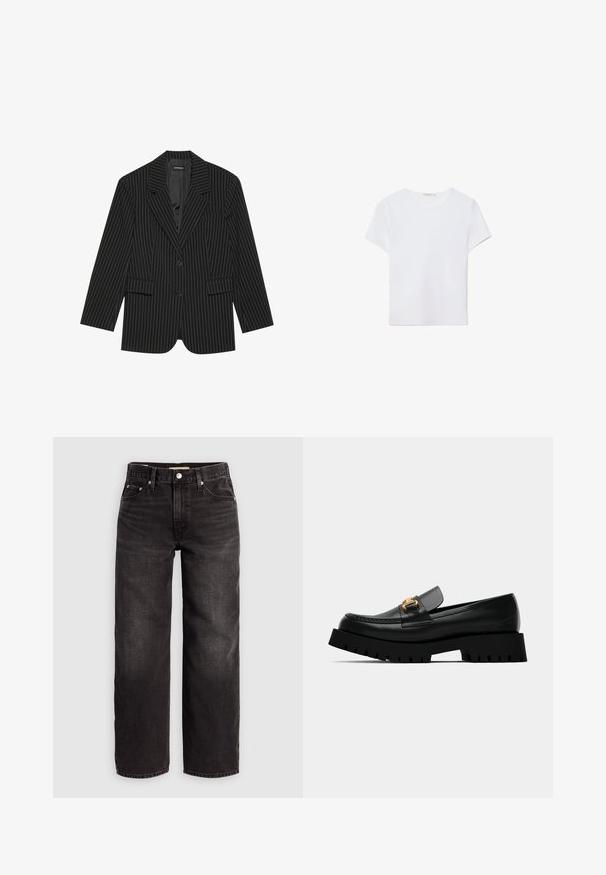 Blazer noir à rayures avec un col cranté, fermeture à un bouton, deux poches avant et une coupe légèrement oversize. Tissu lisse et ajusté.; T-shirt blanc à manches courtes en tissu doux. Dispose d'un col rond et d'un design simple et épuré avec un ourlet droit.; Levi's® BAGGY DAD - Jean baggy - shrink up; Mocassin en cuir noir avec semelle épaisse noire et détail de boucle en or à l'avant. Présente des coutures le long de l'orteil et un design épuré.