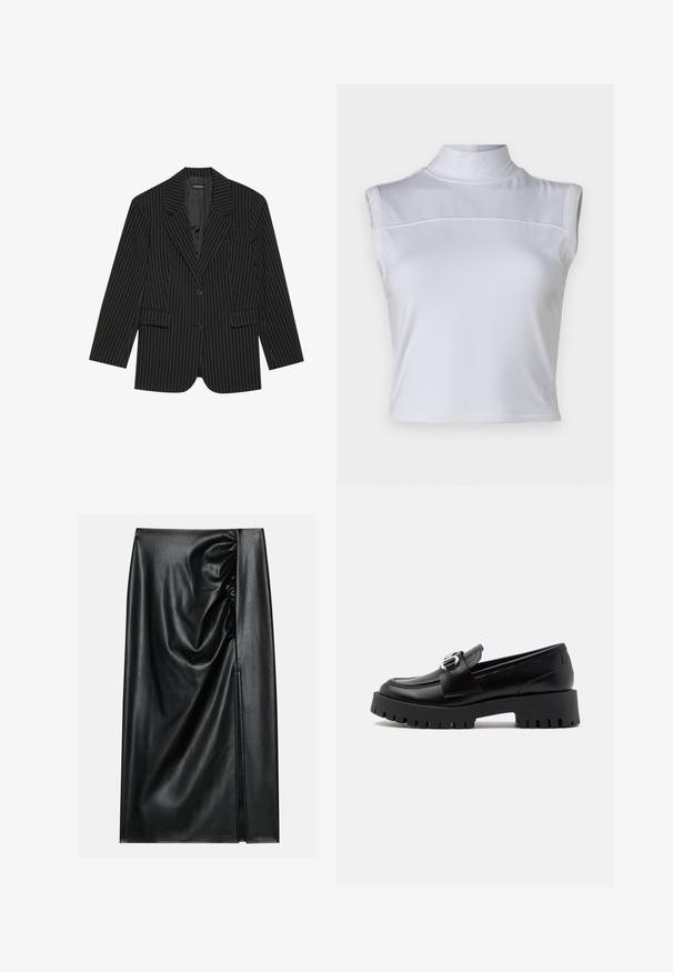 Blazer noir à rayures avec un col cranté, fermeture à un bouton, deux poches avant et une coupe légèrement oversize. Tissu lisse et ajusté.; Haut sans manches blanc avec un col montant, texture lisse et design cropped. Présente une couture horizontale sur la poitrine.; Jupe en cuir noir avec une texture lisse, présentant une section froncée sur un côté et une fente sur le côté pour un détail supplémentaire.; Mocassins en cuir noir avec une semelle épaisse et nervurée et un accent de boucle métallique sur la sangle. Texture lisse, design classique.