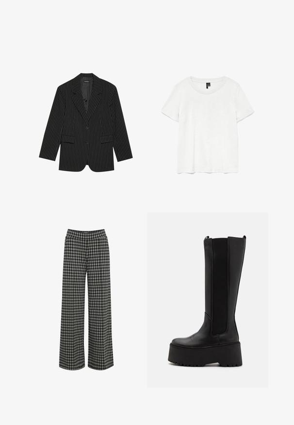 Sort blazer med nålestriber, med slået revers, enkelt knaplukning, to frontlommer og en let oversized pasform. Glat, skræddersyet stof.; Hvid kortærmet t-shirt med rund halsudskæring, lavet af letvægtsstof. Enkel design, glat tekstur og lige kant.; ICHI IHKATE - Bukser - vetiver; Sort knæhøje støvler med en glat læderoverdel, elastiske sidepaneler og en tykk platformssål med en skridsikker bund.