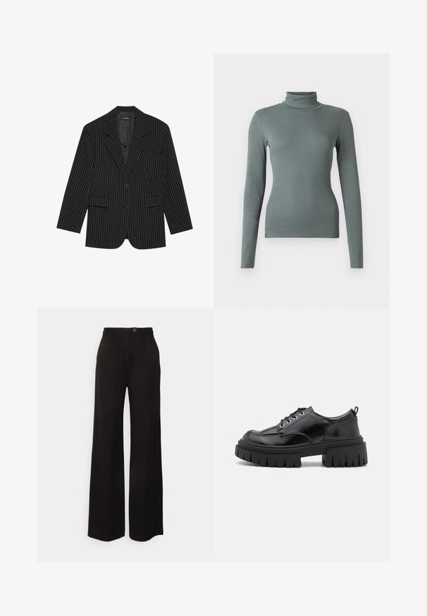Čierny blazer s jemným prúžkom, s okrajovým golierom, jedným gombíkom, dvoma prednými vreckami a mierne voľným strihom. Hladká, prispôsobená tkanina.; Dlhý rukáv, turtleneck top vyrobený z mäkkej, textúrovanej zelenej rebrovanej látky. Priliehavý dizajn s vysokým golierom a bezšvovou konštrukciou po celom obvode.; Čierne nohavice s širokými nohavicami vyrobené z hladkého materiálu, s predným gombíkovým zapínaním a dvoma prednými záhybmi pre väčší detail.; Čierne kožené šnurovacie topánky s okrúhlou špičkou, hrubou čiernou platformou a drsnom textúrou. Obsahujú očká a zadný úchyt.