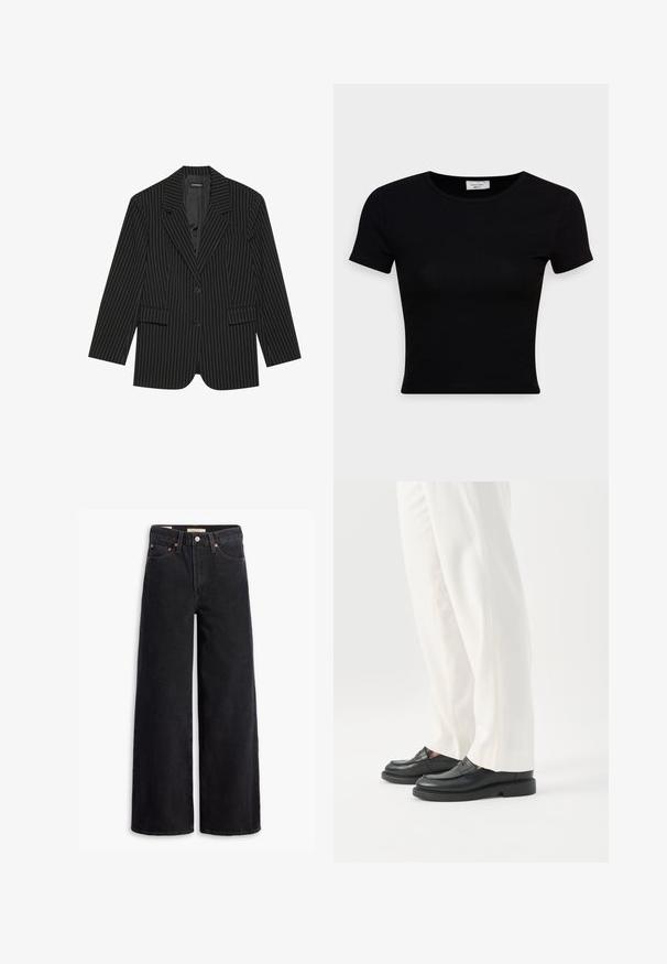 Sort blazer med nålestriber, med slået revers, enkelt knaplukning, to frontlommer og en let oversized pasform. Glat, skræddersyet stof.; Sort kortærmet t-shirt lavet af glat bomuldsstof, med rund halsudskæring og en tætsiddende pasform. Minimalistisk uden synlige mønstre.; Sorte brede benjeans lavet af denim, med fem lommer, kobbernitter og en klassisk knaplukning. Glat tekstur med et rent design.; Person iført hvide skræddersyede bukser og sorte læder loafers stående på hvid baggrund.