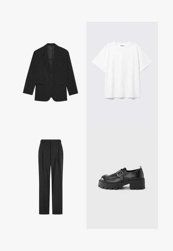 Schwarze Steppjacke mit Reverskragen, Ein-Knopf-Verschluss, zwei vorderen Taschen und einem leicht übergroßen Schnitt. Glattes, maßgeschneidertes Material.; Weißes T-Shirt mit kurzen Ärmeln, Rundhalsausschnitt und entspanntem Schnitt mit einem "WEEKDAY" Etikett an der Innenseite des hinteren Halsbereichs.; Schwarze Nadelstreifenhose mit hoher Taille, gefaltetem Vorderteil und geradem Bein. Der Stoff wirkt strukturiert und ist maßgeschneidert für einen formellen Look.; Schwarze Plateau-Lederschuhe mit abgerundeter Spitze, breitem Schnallendetail an der Seite und strukturierter Gummisohle.